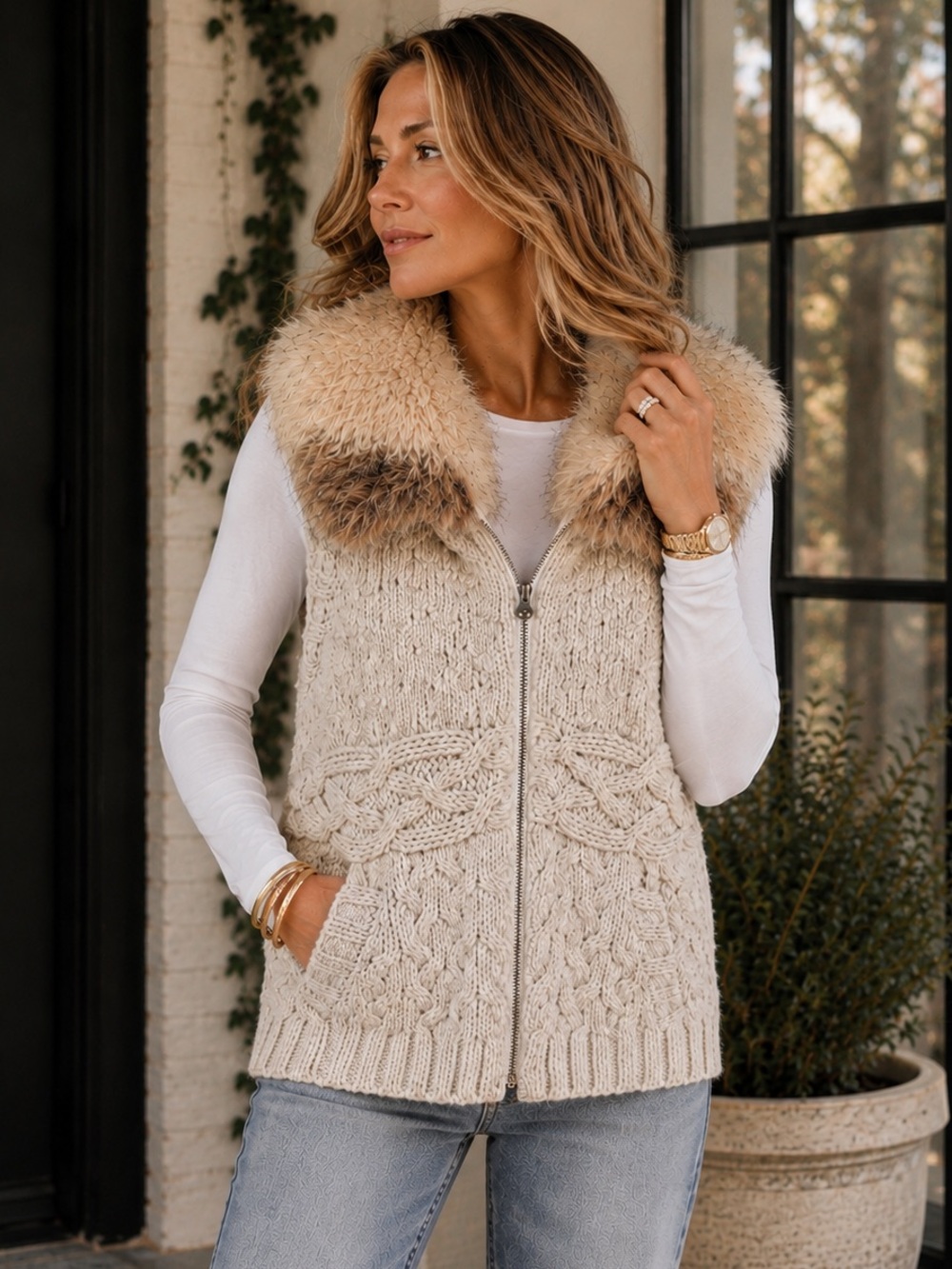 LOFT Faux Fur Collar Cable Knit Sweater Vest Wool Alpaca Blend Zip Front S